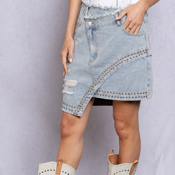 Retro Distressed POL Denim Skirt with Metal Studs - Picture 5 of 16